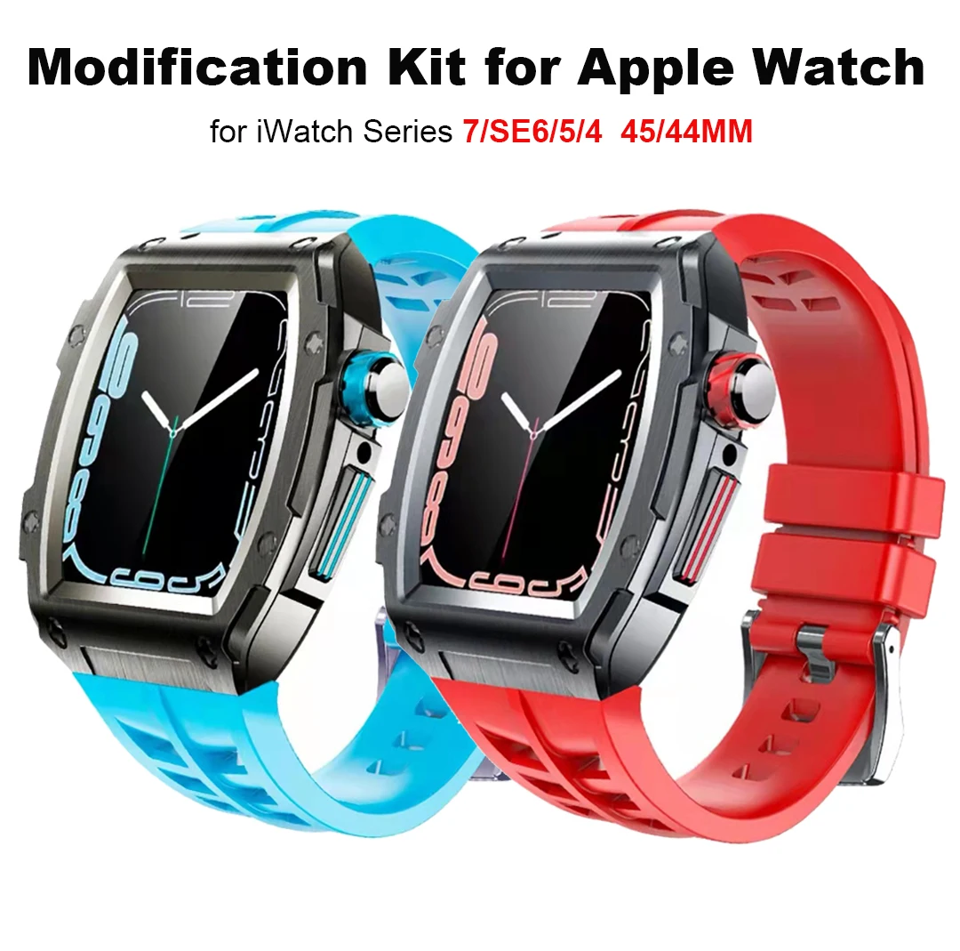 

For Apple Watch Modification Kit Band Case 44mm 45mm Stainless steel Rubber Strap Accessories for iWatch Band Series 7 6 SE 5 4