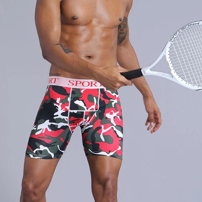 Men's Plus Size Long Boxer Briefs Camo Running Fitness Sports Cotton Underwear Breathable Long Plus Size Boxer Shorts Underpants