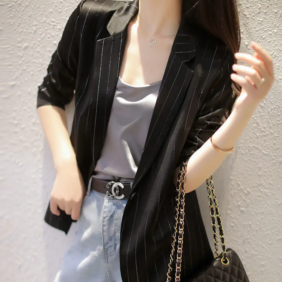 Korean Elegant Satin Za Women Blazer Office Business Office Ladies Blazers Loose Tops Woman Bright Silk Striped Suit Jackets New