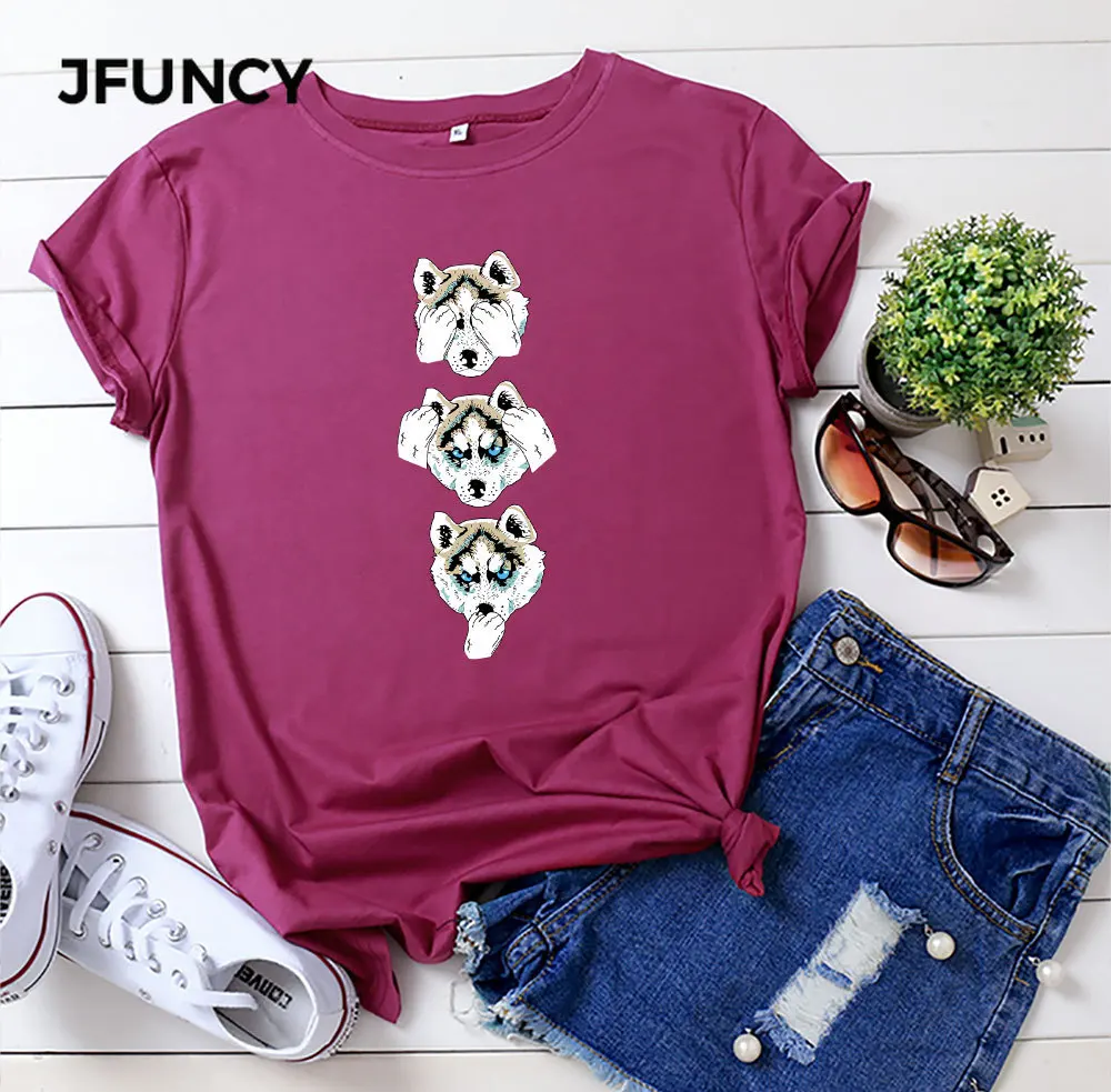 JFUNCY 100% Cotton Women Tshirts Oversize Short Sleeve T-shirt Summer Loose Tee Shirt New Dog Print Woman Tops