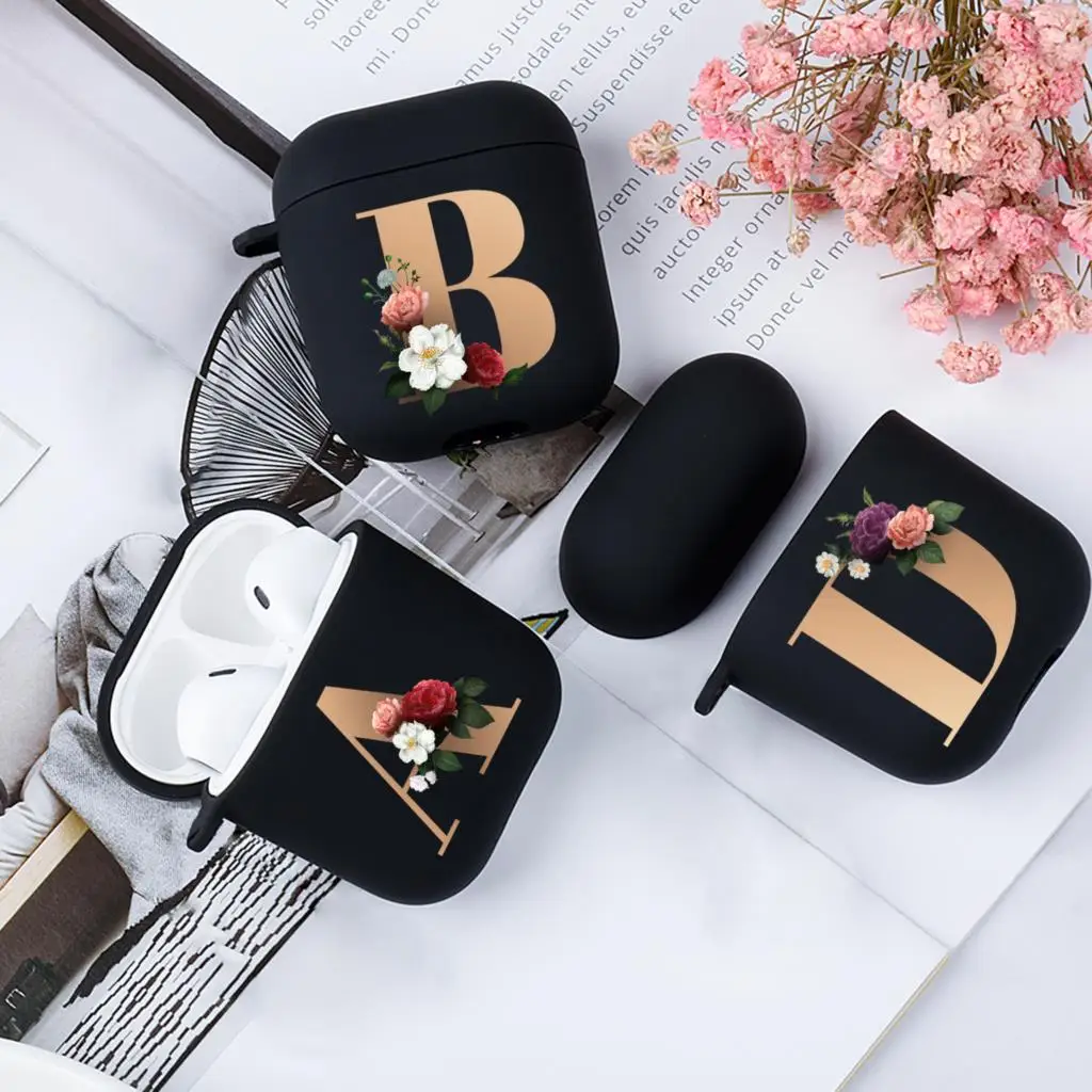 

Cute Floral Gold Initial Alphabet Letter Case For AirPods 2 1 3 Pro Black Silicone Wireless Bluetooth Earphone Box Matte Cover