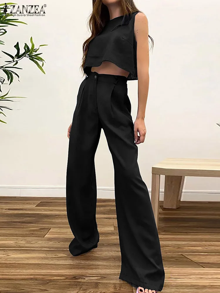 

ZANZEA Women Fashion Outfits Pants Sets 2022 Summer Sleeveless Tank Loose Pant Oversize Casual Solid 2PCS Holiday Matching Sets