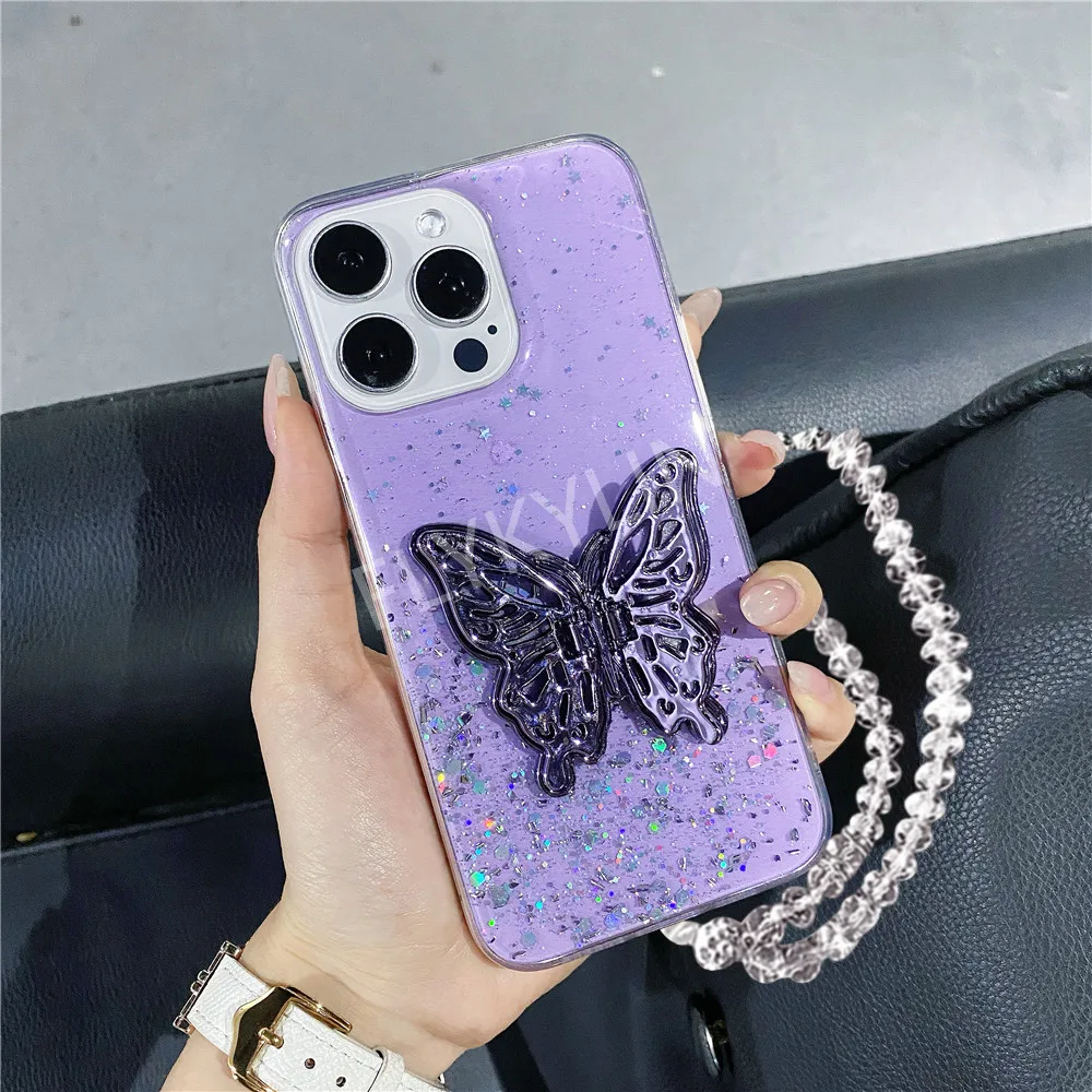 Crystal Bracelet Glitter 3D Butterfly Stand Case For Samsung Galaxy S25 S24 S23 Ultra Note 20 10 S22 S21 Plus S20 FE Soft Cover