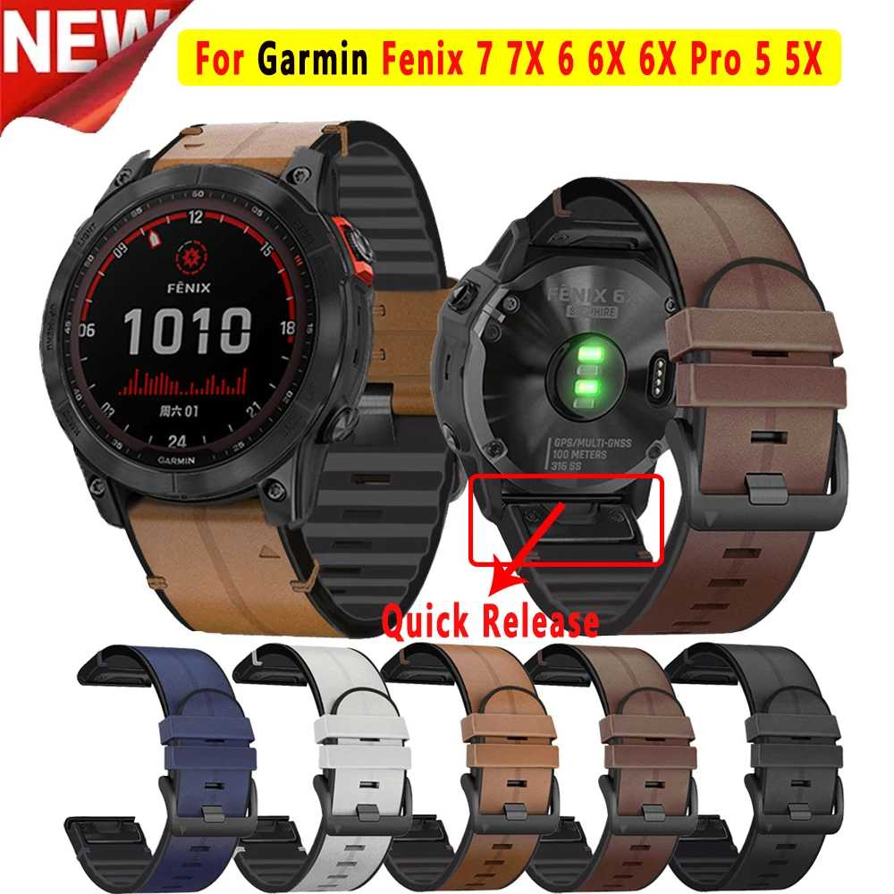 

Ремешок силиконовый и кожаный для наручных часов, спортивный быстросъемный браслет для Garmin Fenix 6X 6 6xpro 5X 5 5xplus 3 HR EasyFit, 26 22 мм