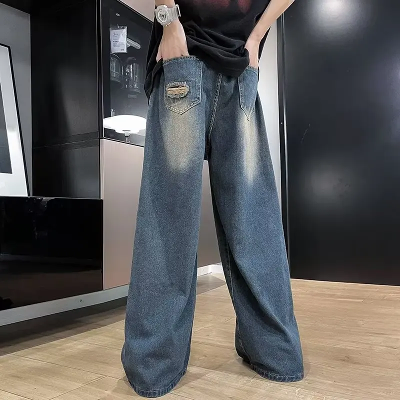 y2k Jeans 2023 New Korean Edition Broken Hole Design Senses the Streetwear hip hop  Wide Leg Jean for Men Straight Male Trousers