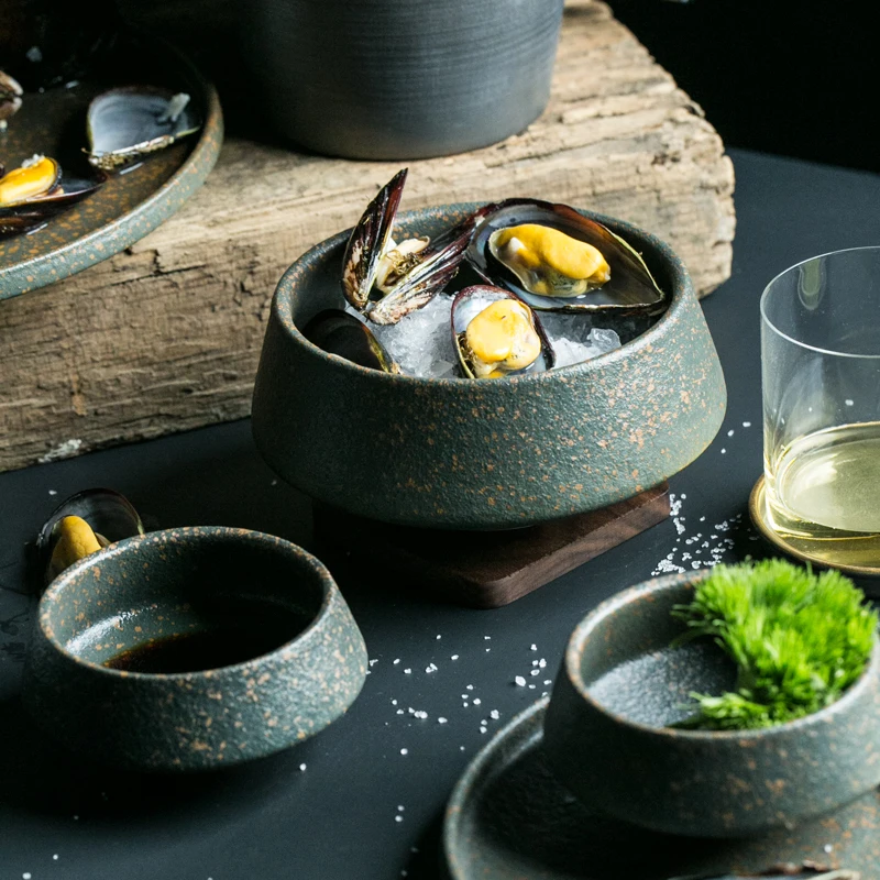 1PC Japanese Style Retro Ceramic High-footed Rice Soup Ramen Bowl Round Flat Plate Large Dishes Household Tableware Set