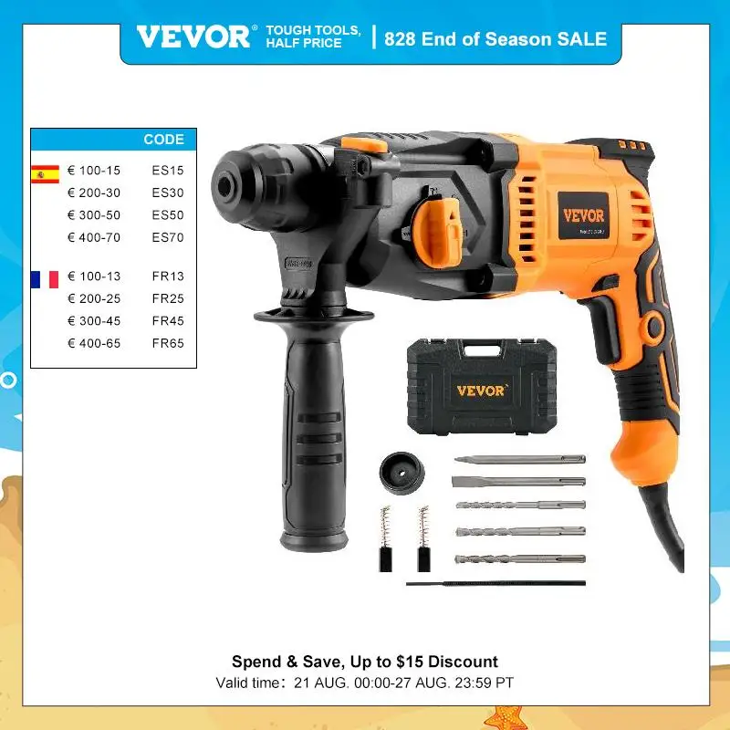 VEVOR 800W Rotary Hammer Max Drilling 26mm 4Modes SDS-Plus C