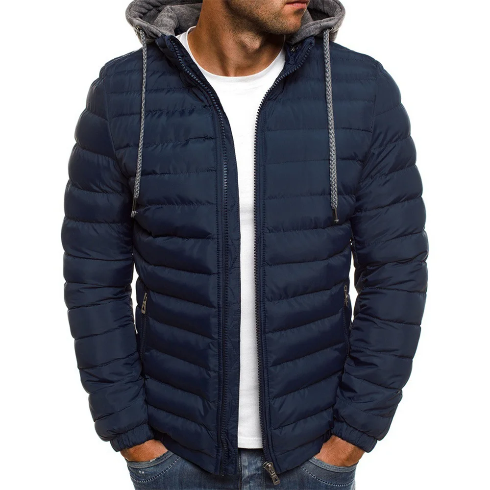 Autumn Winter New Men Cotton Jacket Hooded Thickened Down Jacket Coats Solid Color Hooded Long Sleeves Zip-Up Jackets Outer Wear
