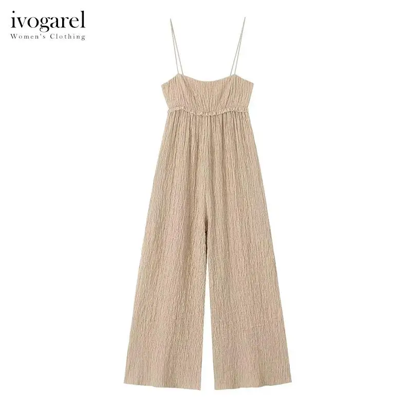 

Ivogarel Textured Wide-Leg Jumpsuit for Women Elegant Evening Overalls Traf Playsuit with Straight-Cut Neckline Ruffle Detail