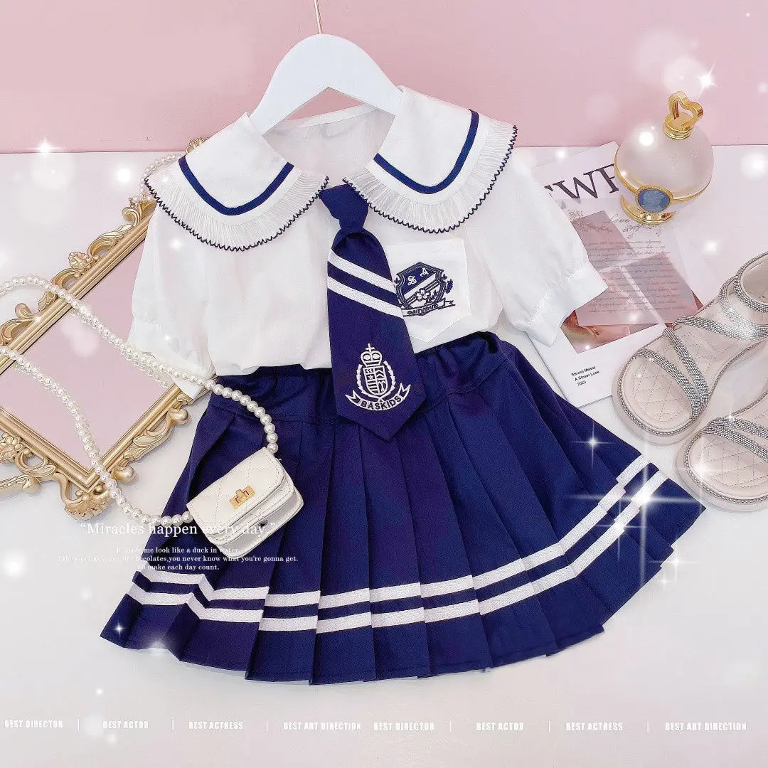 

College Style Jk Uniform Suit Korean Junior Girls Summer Clothes Short-Sleeved Shirt+ Pleated Skirt Set Send Tie Kids Loungewear