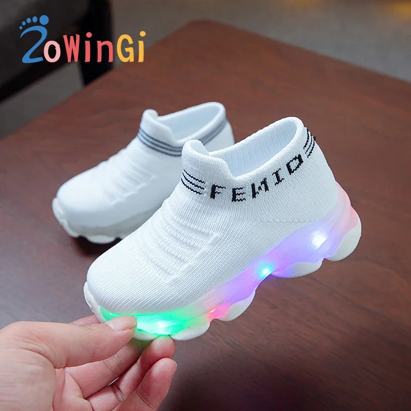 

Size 21-30 Kids Sneakers Children Baby Girls Boys Letter Mesh Led Luminous Socks Sport Run Sneakers Shoes Light Up Shoes