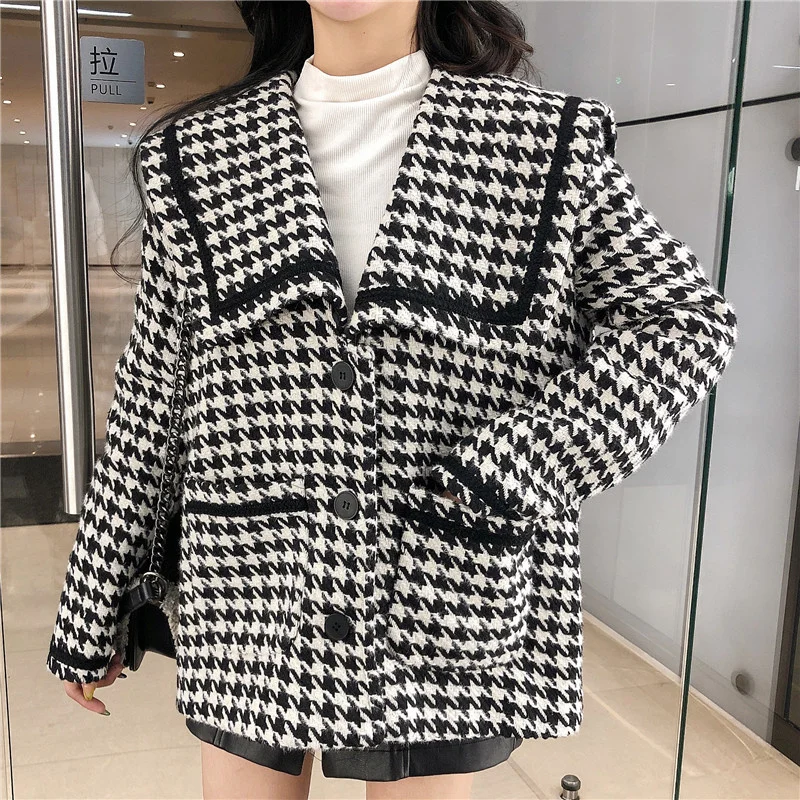 

Женское твидовое пальто, свободное и универсальное короткое пальто с рисунком «гусиные лапки» в Корейском стиле, осень 2022