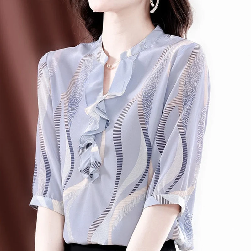

Женская шифоновая блузка с рюшами, элегантный шикарный пуловер свободного покроя с рукавами-фонариками, одежда в Корейском стиле на лето