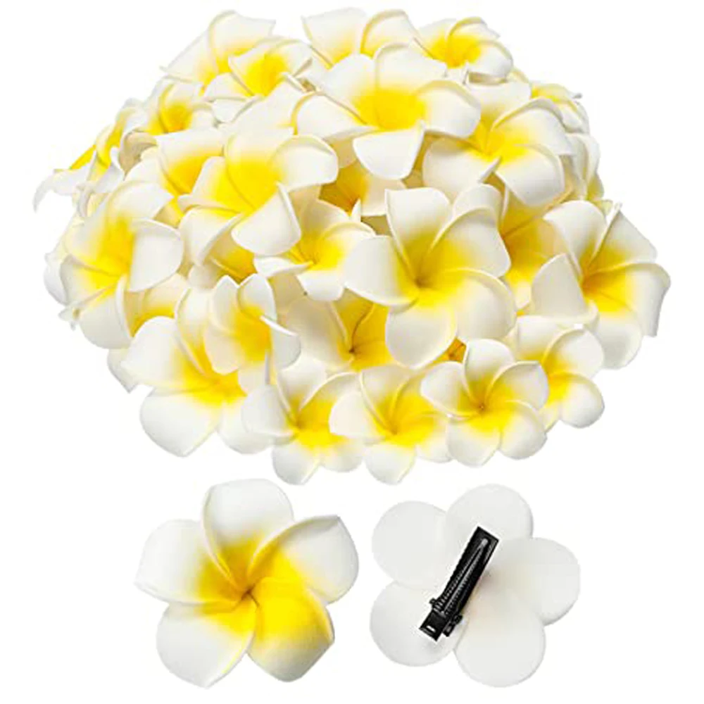 36pcs/ Artificial Plumeria Flower Hat Hair Clips White Foam Hawaiian Frangipani Tropical  Hairpin for  Luau Beach Party Wedding