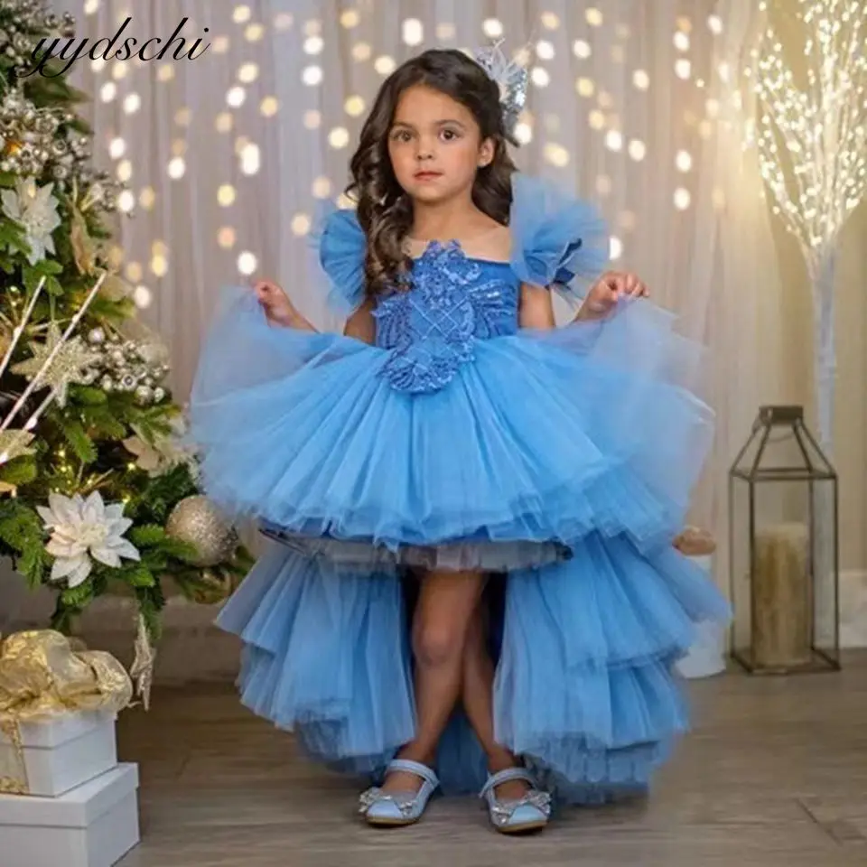 

Elegant Blue High Low Puffy Flower Girl Dresses For Wedding 2023 Tulle Tiered Appliques Princess Pageant First Communion Gowns
