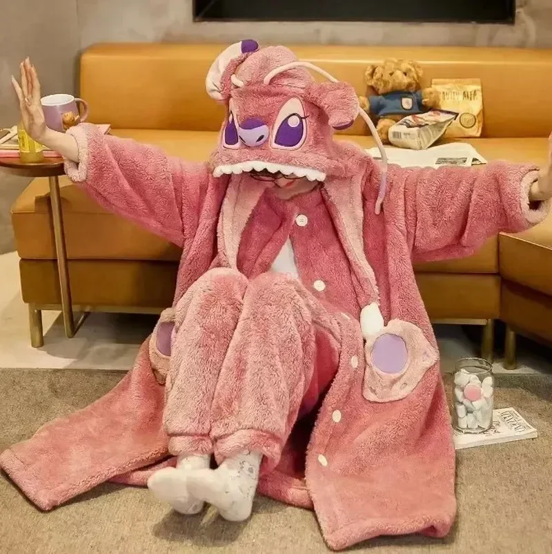 Пижамный комплект с капюшоном Disney Stitch Angel Y2k для пары Kawaii коралловый флис домашний