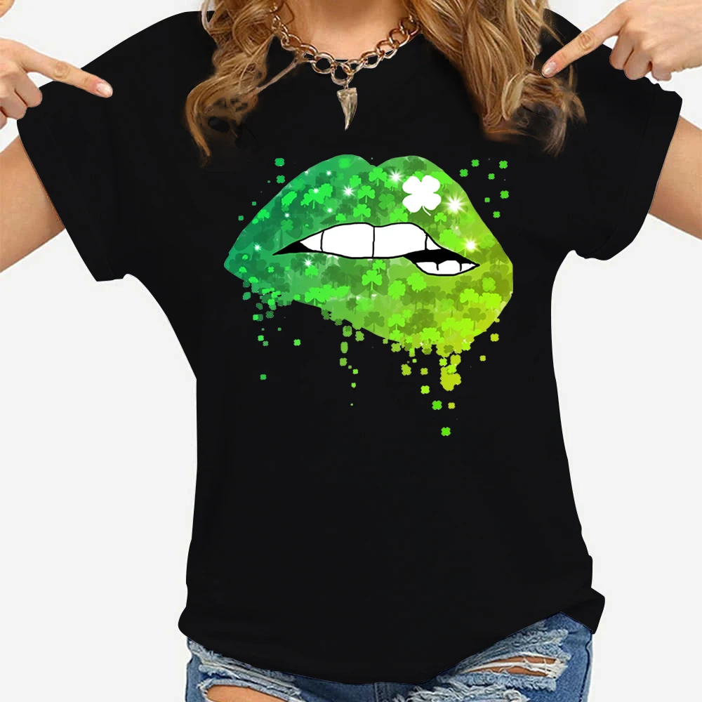 

Saint Patrick's Day Graphic T Shirts Green Irish Shamrock Shirts Funny Cartoon Lips Graphic Tees Men Streetwear for Women Men