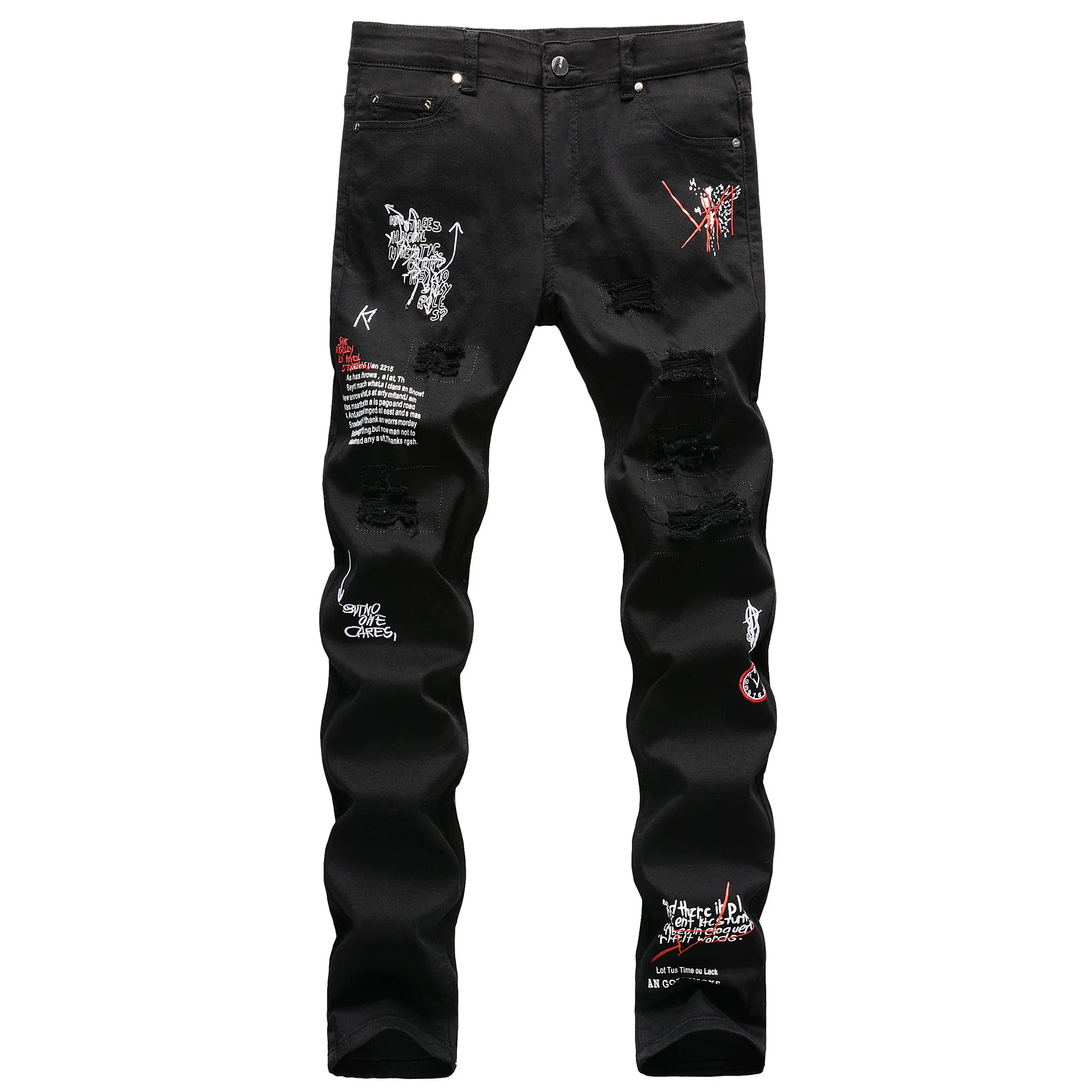 Embroidery RIpped Jeans Men Black Fashion High Street Brand Jeans Embroidery Print White Slim Personality Graffiti Jeans For Men