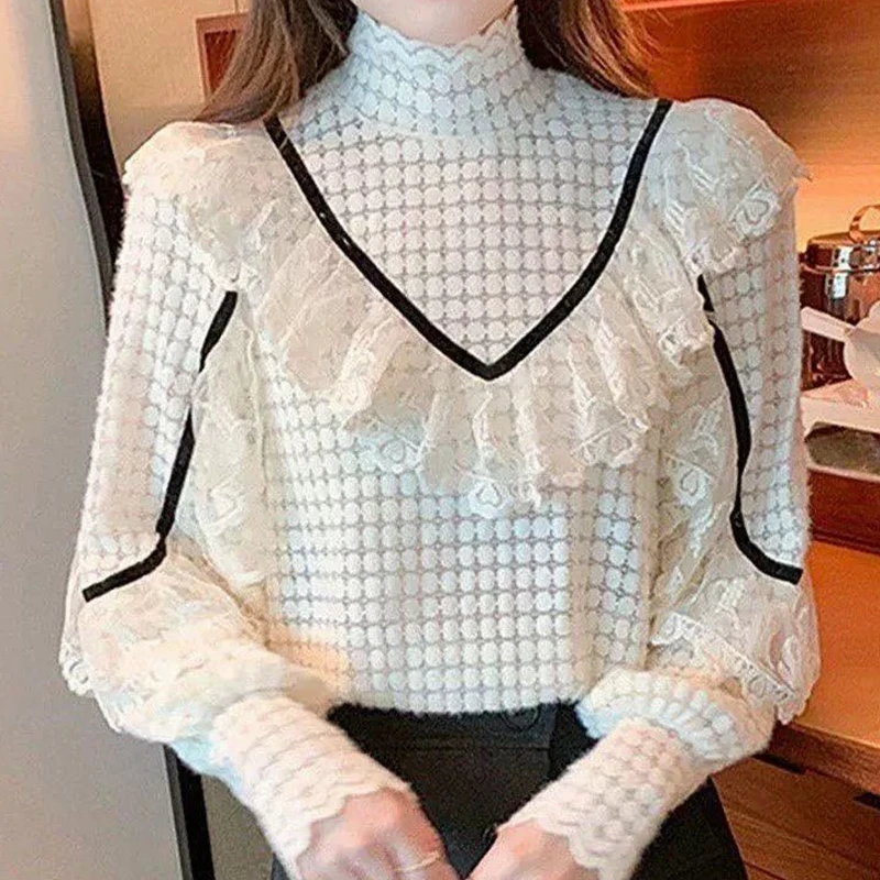 

Solid Blouse Shirt Female 2022 Autumn New French Retro Style Large V Wooden Ruffles Splicing Lace Long Sleeve Turltneck Tops