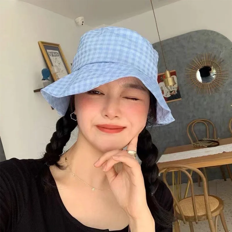

2022 SkyBlue Small Fresh Plaid Fisherman Hat Women Casual All-match Korean Summer Sweet and Cute Sunshade Bob Cap Gorros