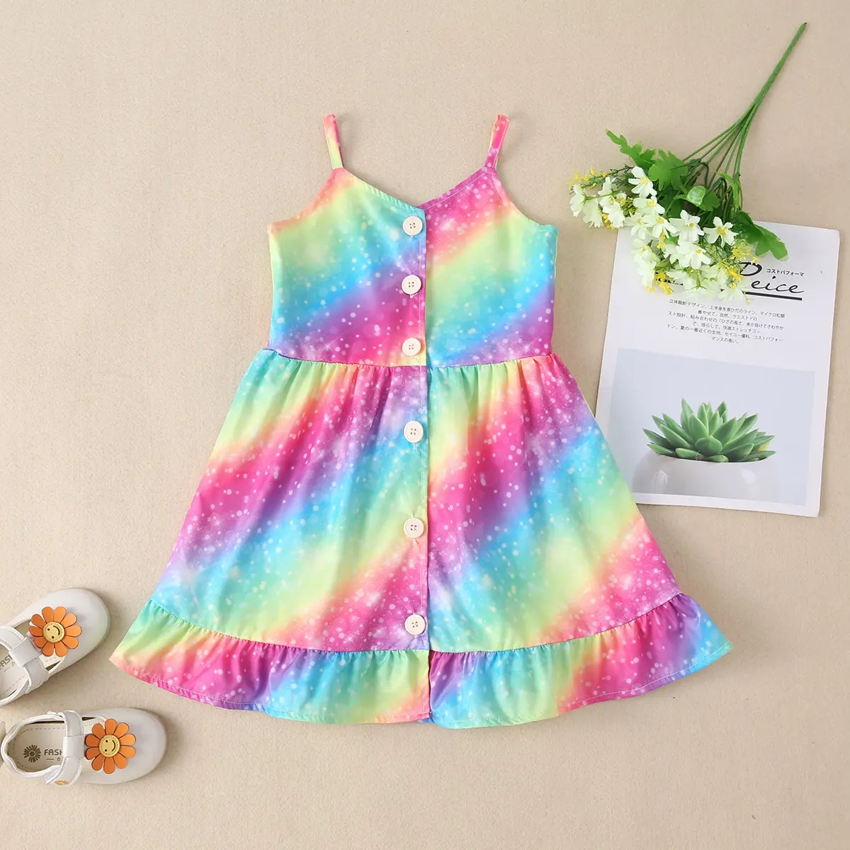 

Kids Girls Sleeveless Rainbow Dress Gradient Color Button Clothes