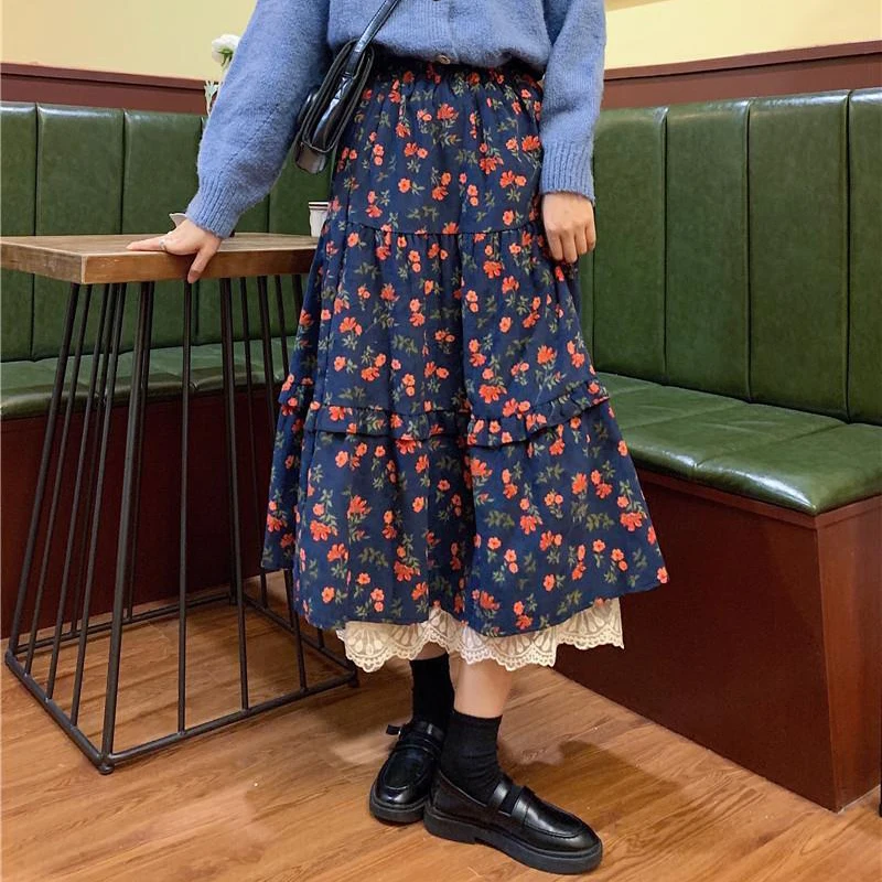 

Spring retro lace edge floral skirt drape high waist A-line Harajuku large swing skirt mid-length skirt women women's clothing
