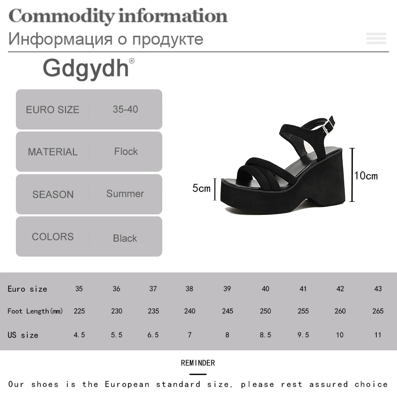 Gdgydh Adjustable Ankle Strap Wedge Sandals for Women Open Toe Platform Heels Black Flock Soft Street Footwear Female Casual