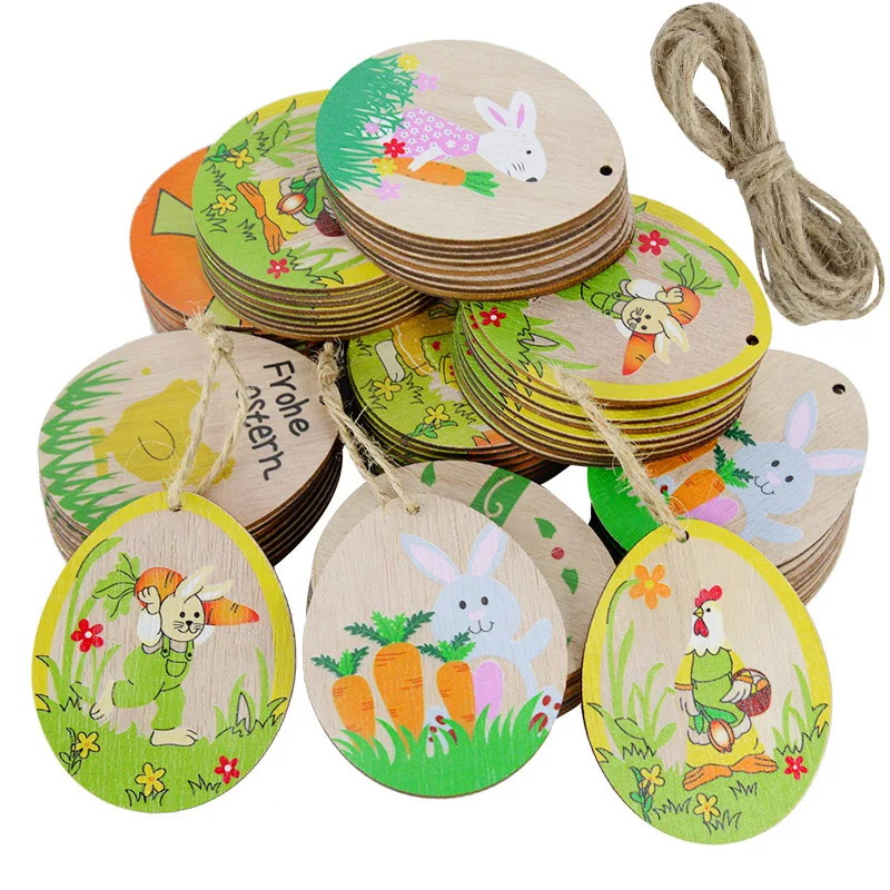 

Easter Eggs Wood Slices Hanging Pendants DIY Finished Drawing Graffiti Chips Wooden Ornaments Craft Kids Gifts Of Easter Party