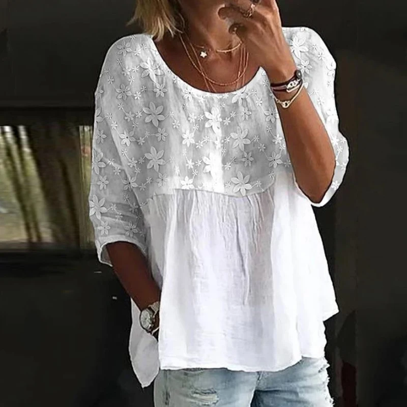 

Lace Embroidered White Linen Shirts Women O Neck Three-quarter Sleeve Blouse Casual Tops Vintage Loose Lady Elegant Shrit 28331
