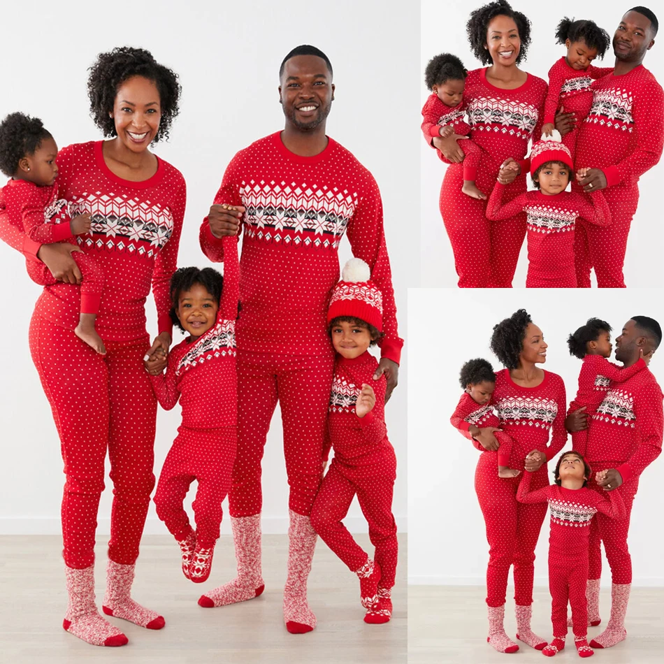 

2022 New Red Christmas Outfit Family Matching Pajamas Set Snowflake Dot Print Adult Kids Homewear Suit Men Women Kid Sleepwear