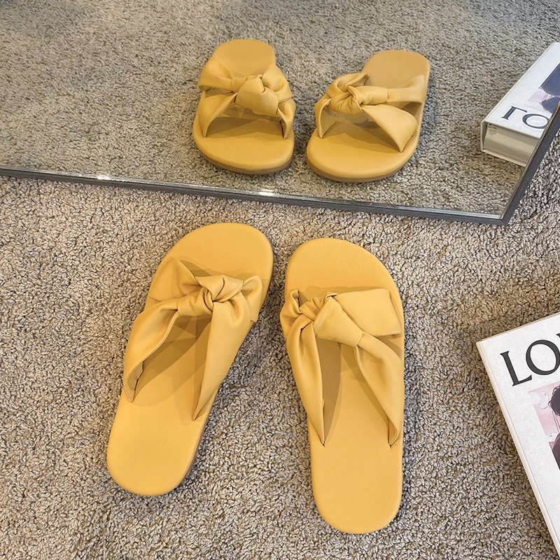 2022 summer slippers women's bow luxury flat bottom outer wear designer sandals soft bottom basic indoor simple PU women's shoes