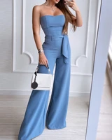 casual pants set women 2022 summer new fashion blue sexy tube tight top high waist wide leg pants two piece set with belt