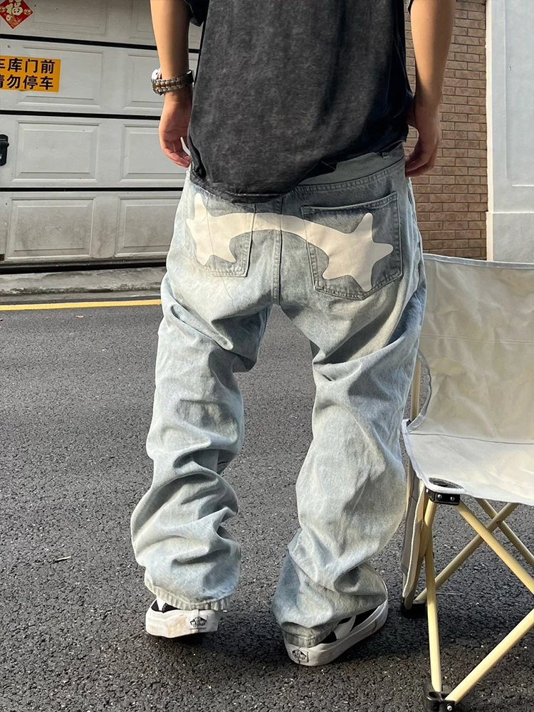 Baggy Jeans Men Y2K Fashion Designer Black Star Printed Trousers Bottoms Streetwear Casual Low Waist Loose Straight Denim Pants