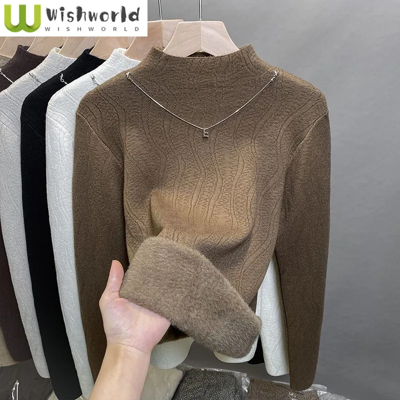 Теплый цельный бархатный свитер с полувысоким воротом для женщин осенне-зимний