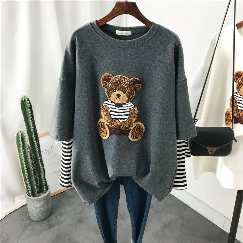 

Women Long Sleeved T-shirt 2021 Spring and Autumn Embroidered Little Bear Cartoon T Shirt Fake Two-Piece Loose Top