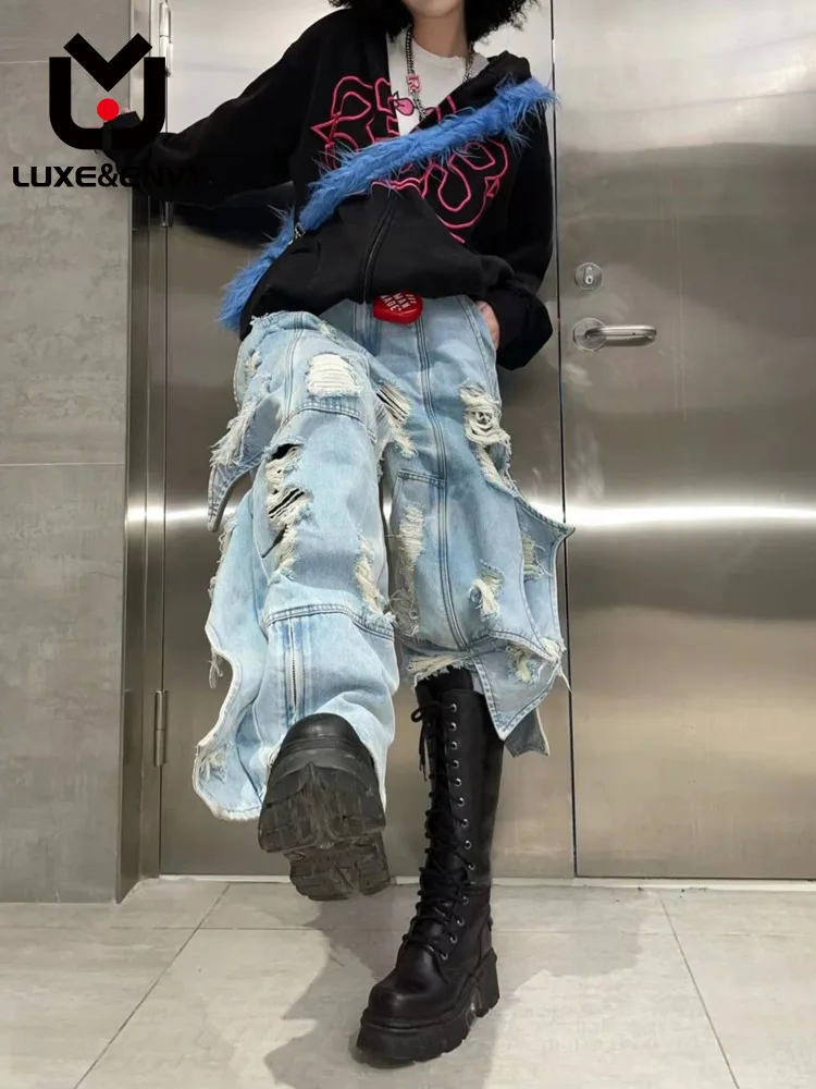 

LUXE&ENVY Irregular Design And Stitching Of Hip-hop High Street Trendy Men Women With Torn Embroidery Personalized Loose Fitting