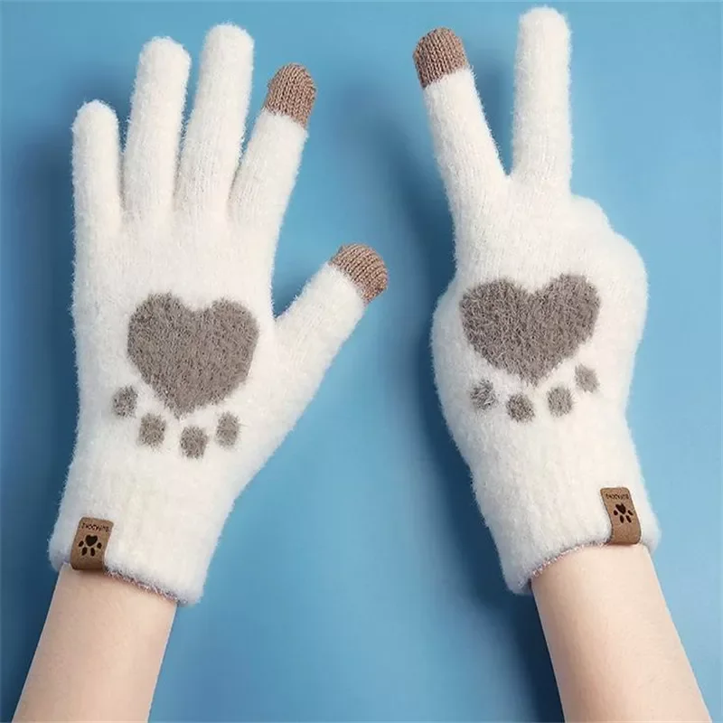 

Перчатки с принтом кошачьих лап, трикотажные перчатки для сенсорного экрана, зимние плотные и теплые мягкие пушистые перчатки для взрослых,...