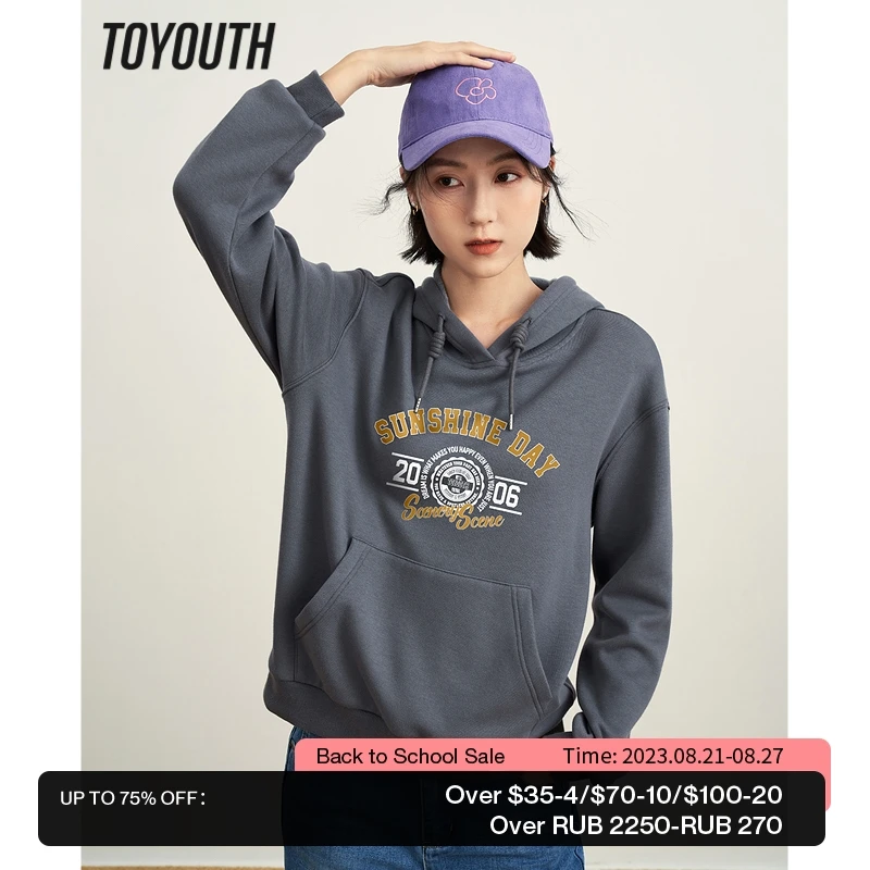 

Toyouth Women Hoodies 2022 Winter Long Sleeve Loose Fleece Sweatshirts Letter Print Multicolor Casual Basic Pullover