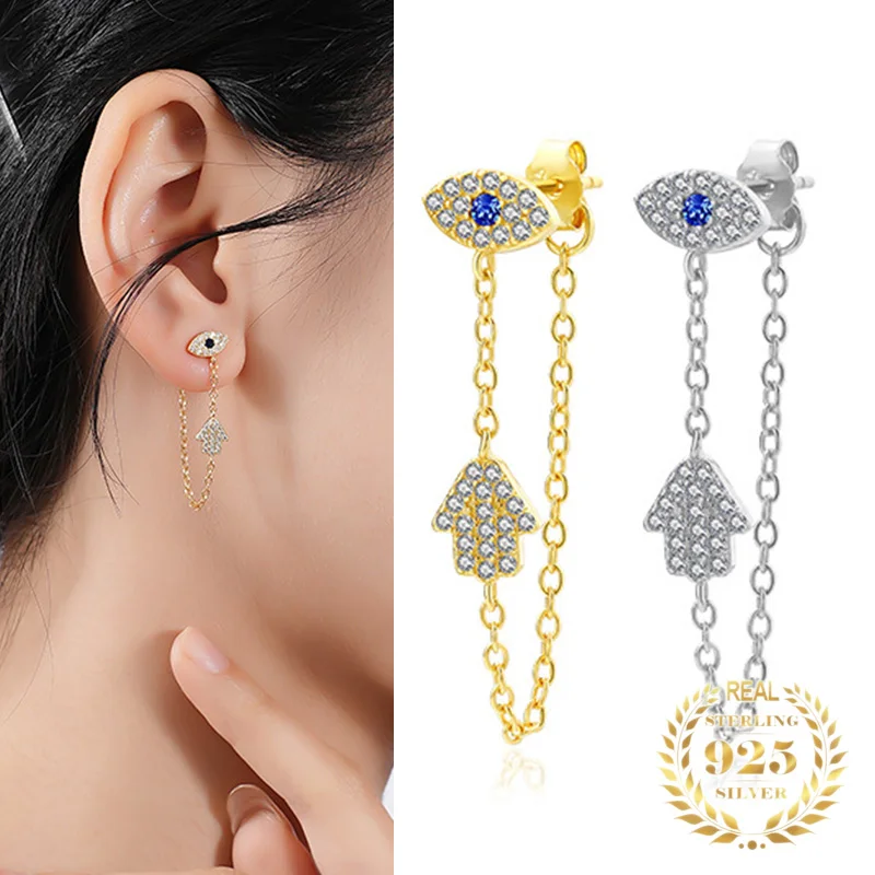 

Original Turkish Blue Evil Eye Drop Earrings 925 Sterling Silver Fatima Hand Chain Dangle Charms Zircon Earrings for Women Gift