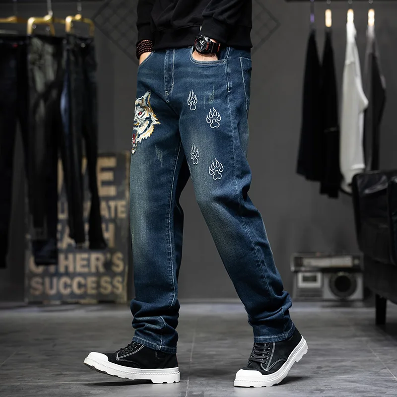 Wolf Embroidery Jeans Men Streetwear Denim Pants Fashion Jeans Pants Plus Size 40 42 44 Trousers Male Bottoms