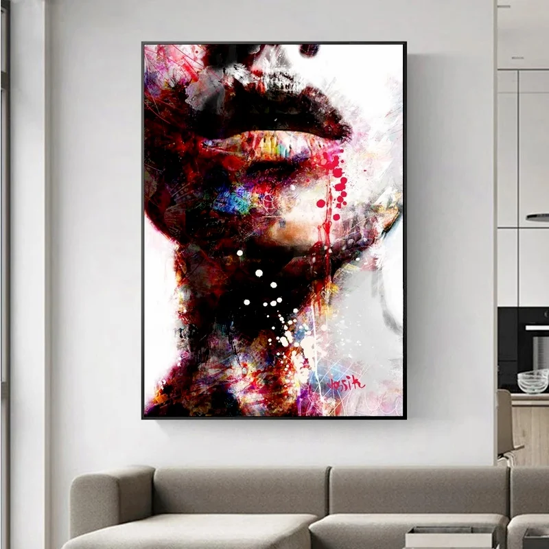 

Абстрактная девушка гриффити портрет сексуальные губы Поп-Арт холст живопись плакаты и печать стены картины для гостиной