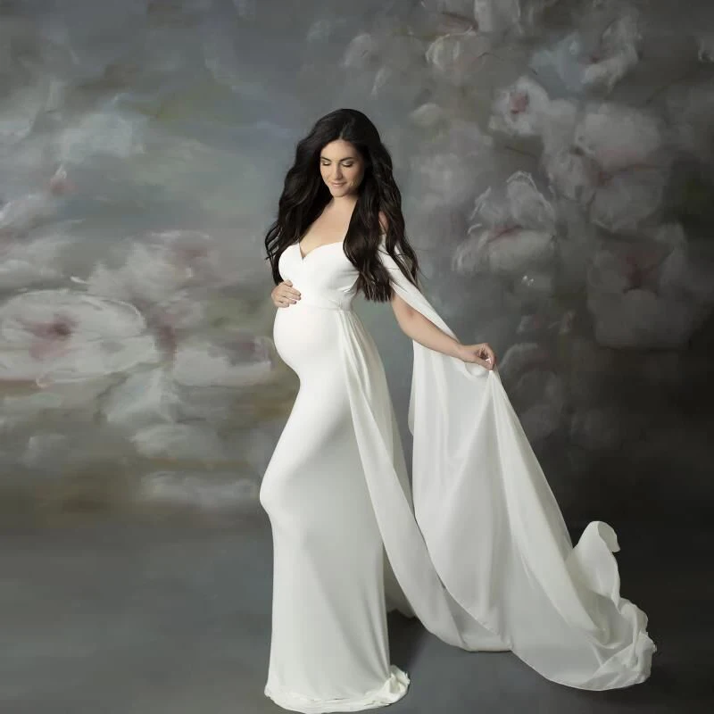 

Sexy V-neck Off-the-shoulder Maternity Dress Mercerized Cotton Short-sleeved Chiffon Shawl Photo Photography Props Beach Dress