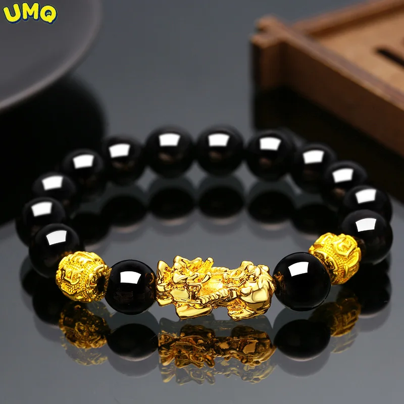 

Браслет из чистого 24-каратного золота с имитацией обсидиана для мужчин и женщин, твердый 3d браслет 999 года из Будды удачи, ювелирные изделия ...