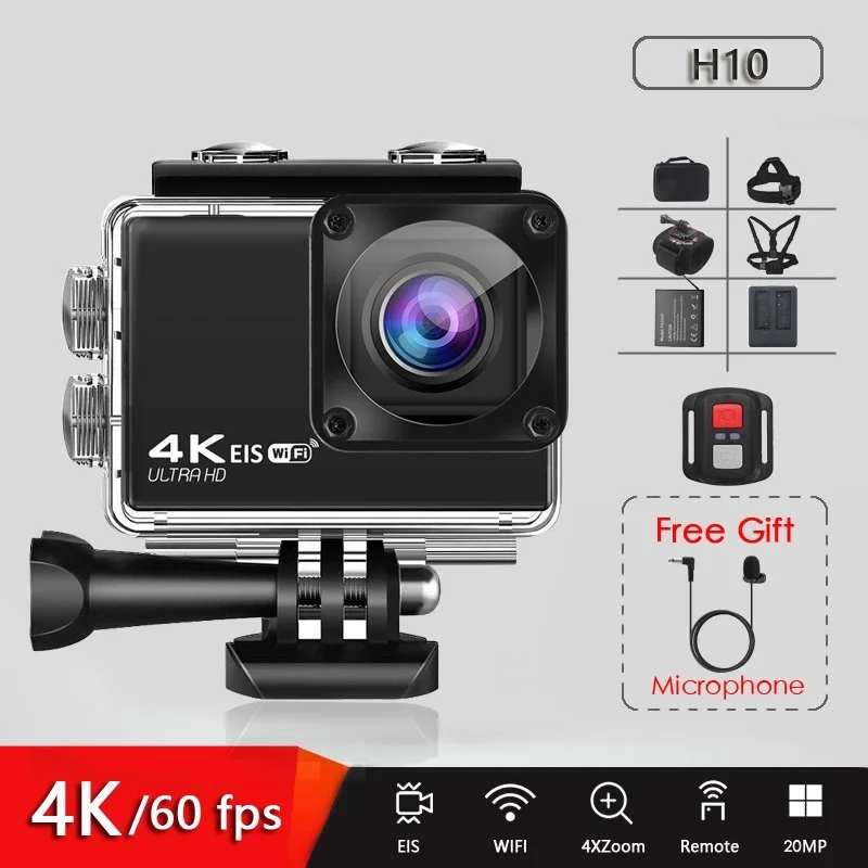 

nes Anti-shake Action Camera FCCWO H10 4K/60FPS 20MP WIFI 2.0" LCD 170D Underwater Waterproof Remote Cam Helmet Vedio