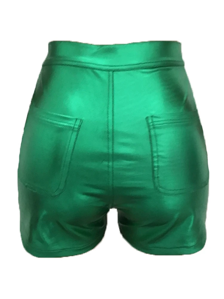 Kricesseen Sexy Solid Reflective Shiny Micro Shorts New Women Green High Waist Dancing Metallic Shorts Ladies Clubwear Outfits