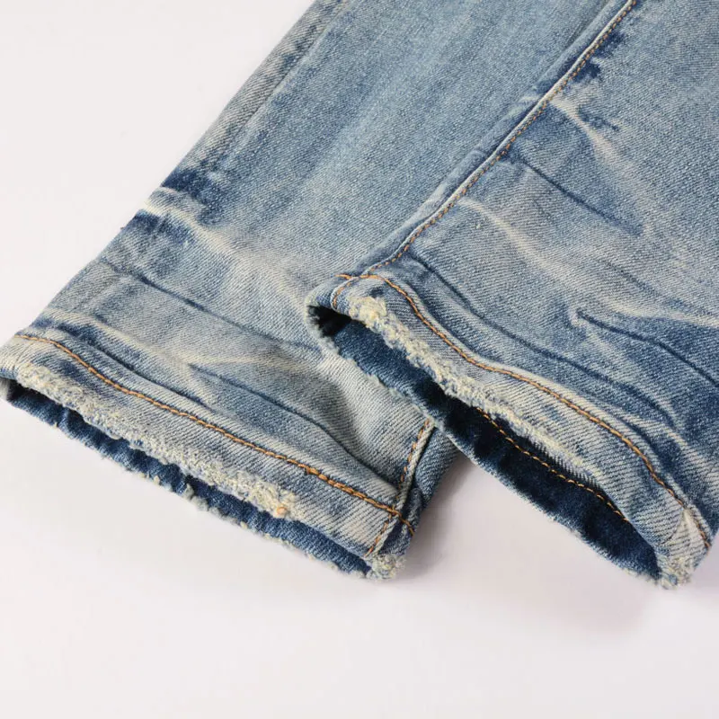 Streetwear Fashion Men Jeans Retro Light Blue Stretch Slim Fit Hole Ripped Jeans Men Patched Designer Hip Hop Brand Pants Hombre