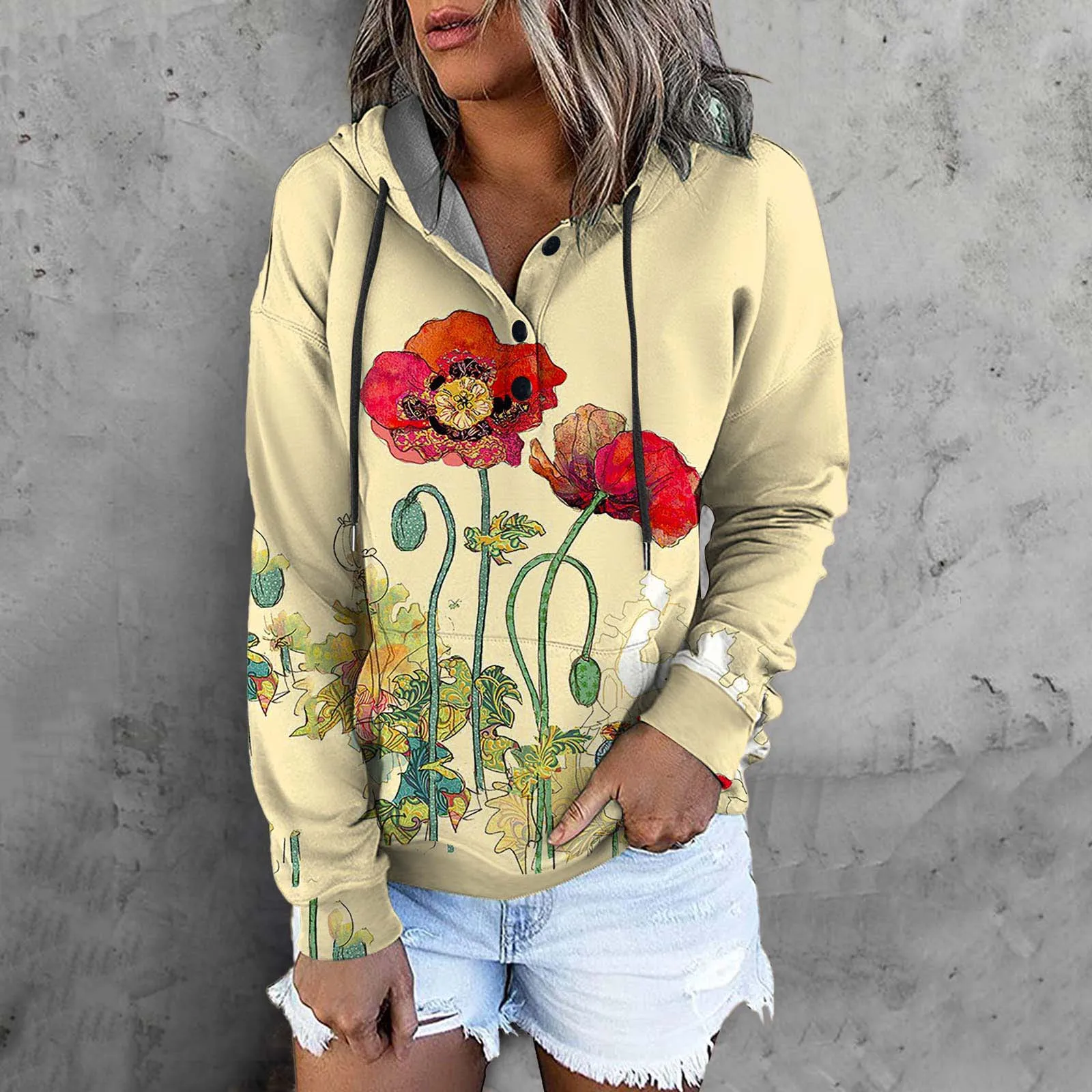 

Non Positioning Print Women's Button Up V Neck Hoodies Casual Long Sleeve Hoodies for Women Pullover Fall Sweatshirts