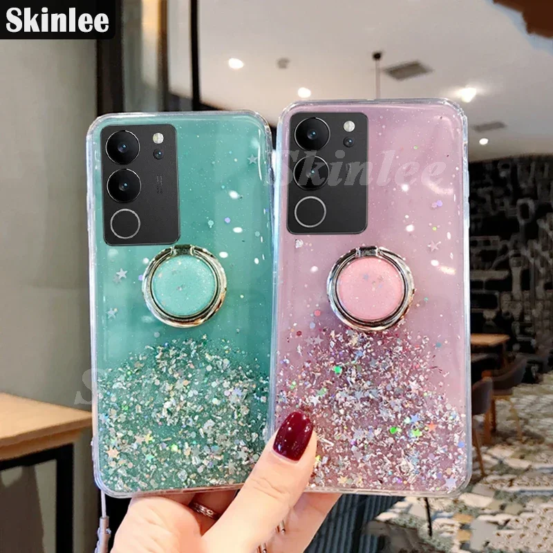 Фото Skinlee ЧЕХОЛ ДЛЯ VIVO V29 5G V30 SE с кольцом, прозрачные блестящие звезды, блестки, силиконовый чехол для V40 SE V30 Lite, противоударный чехол №2