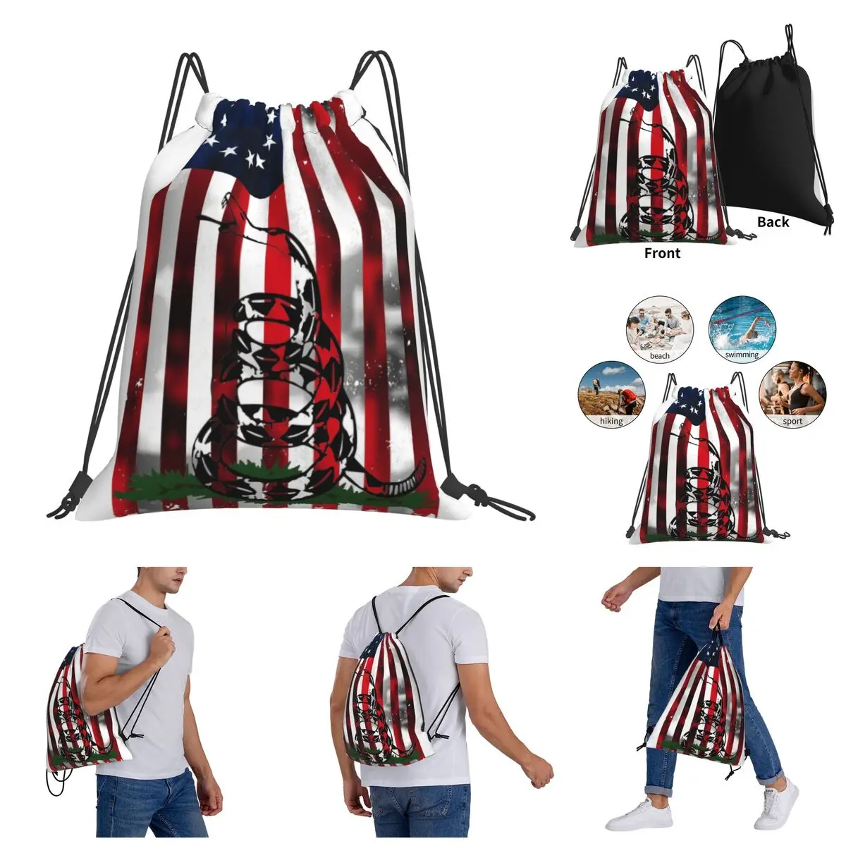 

Distressed Vertical Betsy Ross Gadsden Flag Drawstring Bags Gym Bag Casual Graphic Backpack Casual Drawstring Backpack