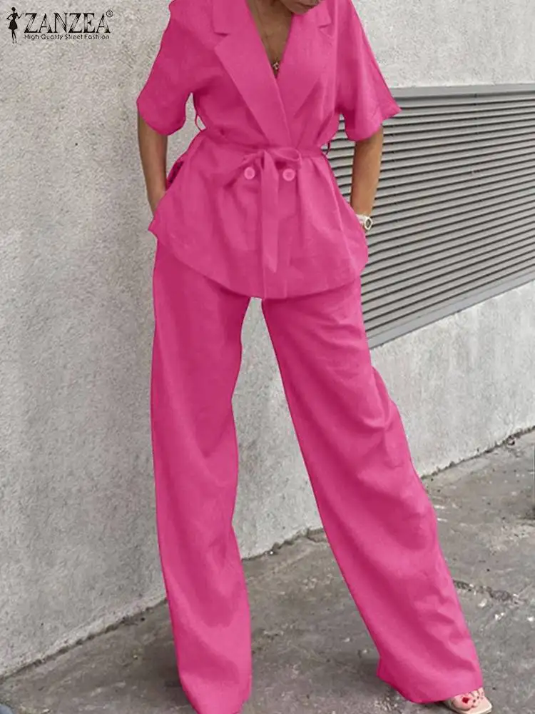 

ZANZEA Fashion Solid Sets Women Sets Casual Office Work Half Sleeve Lace Up Blazer Blouse Wide Leg Long Pant Suits 2022 2PCS